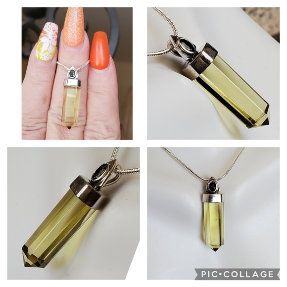 Genuine Lemon Topaz & Czech Moldavite Pendant Necklace - Picture 3 of 6